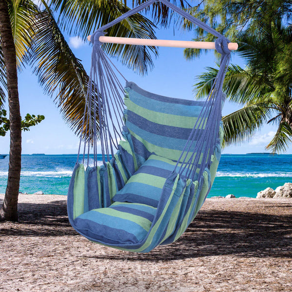 Hammock Swing, Hanging Rope Hammock Chair Swing, Cotton Hanging Air Swing with Cushions for Patio Porch Yard Tree, Blue