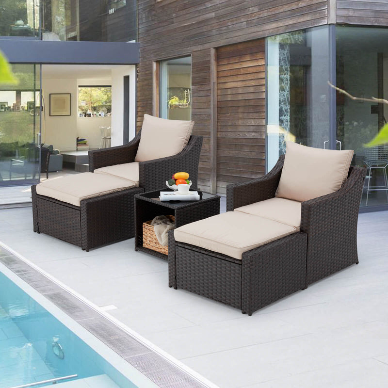 5 Piece Outdoor Patio Furniture Conversation Set with Ottoman, Khaki