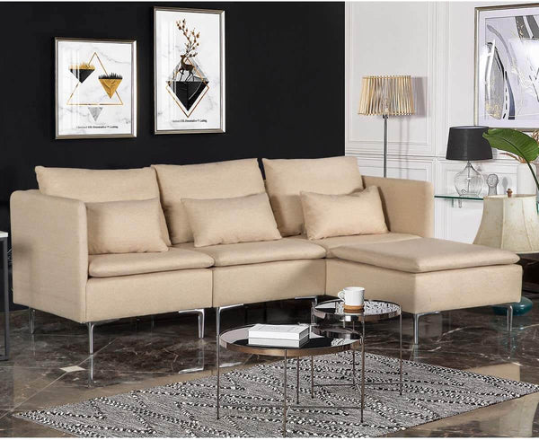 Convertible 3-Seat Sectional Sofa L-Shaped Couch Beige