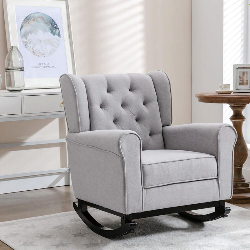 Mid Century Modern Rocking Chair, Tufted Upholstered Glider with High Back, Gray