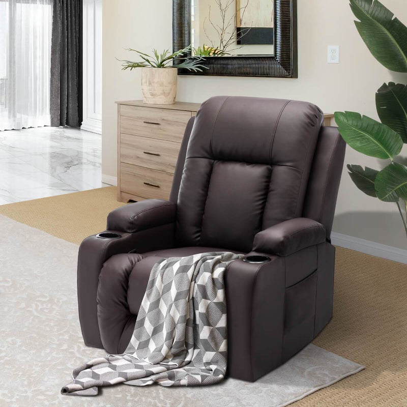 Massage Recliner Chair PU Leather Ergonomic Lounge Heated Chair 360 Degree Swivel Home Theater Recliner (Brown)