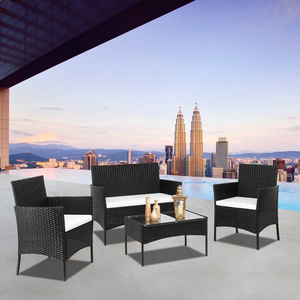 4 Pieces Outdoor Conversation Set Patio Dining Set Rattan Sofa Set Black