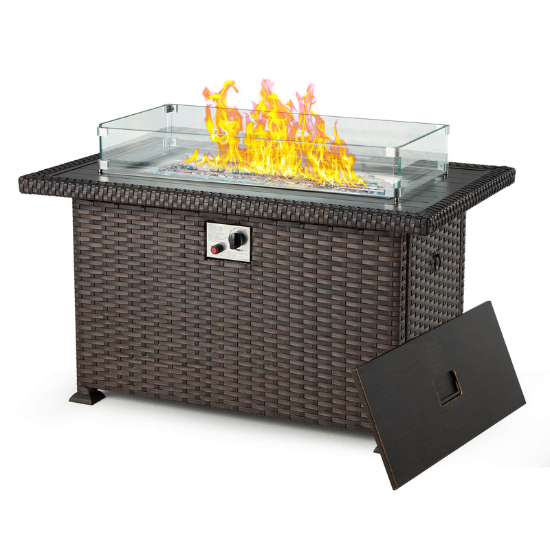 44" Outdoor Propane Gas Fire Pit Table 50000 BTU Auto-Ignition w/ Windguard, Aluminium Tabletop, Brown