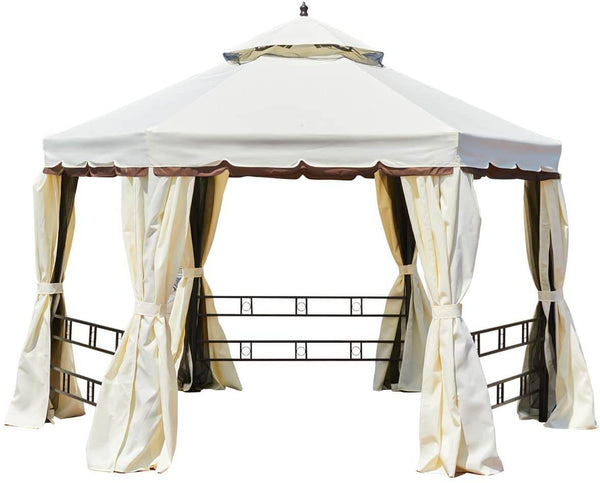 12FT Gazebo Canopy Hexagonal Double Roof Patio Gazebo Steel Frame Pavilion with Netting and Shade Curtains, Cream