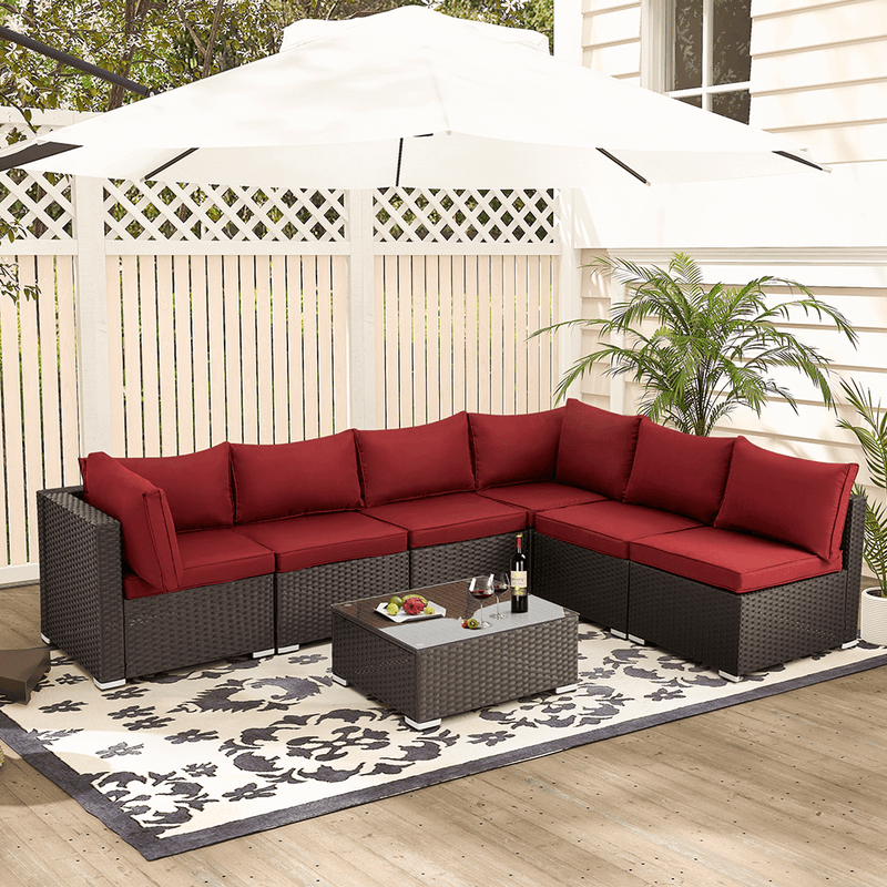 7 Pcs Patio Furniture Set All Weather Sectional Sofa w/ Red Cushion & Coffee Table