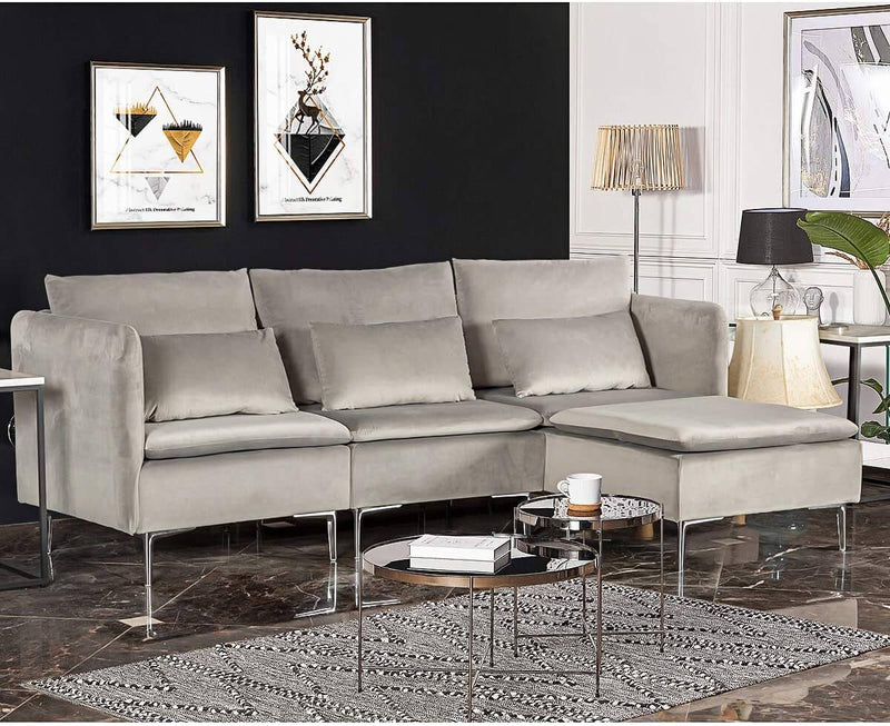 Convertible 3-Seat Sectional Sofa L-Shaped Couch Light Gray
