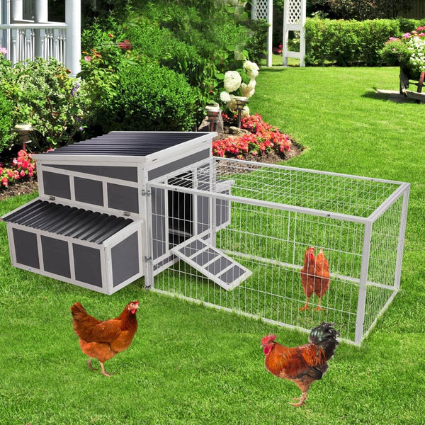 Large Chicken Coop Wooden Cage With Playpen Gray