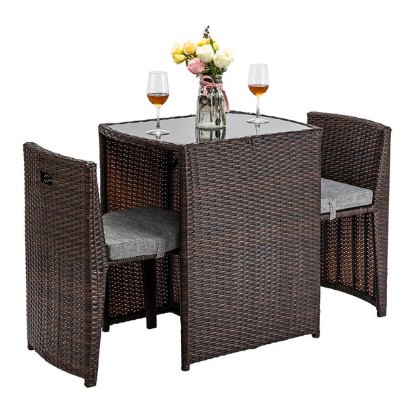 3 Pieces Rattan Wicker Bistro Set with Glass Top Table 2 Chairs Space Saving Design Brown