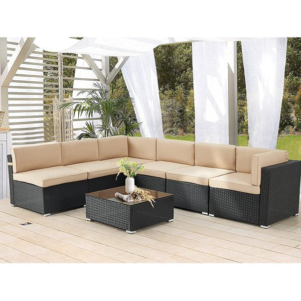 7 Pc Outdoor Patio Sectional Set, Beige Rattan