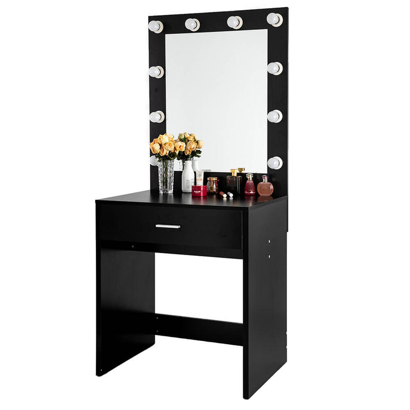 Large Mirror Single Drawer Dressing Table Black with Light Cannon, Black