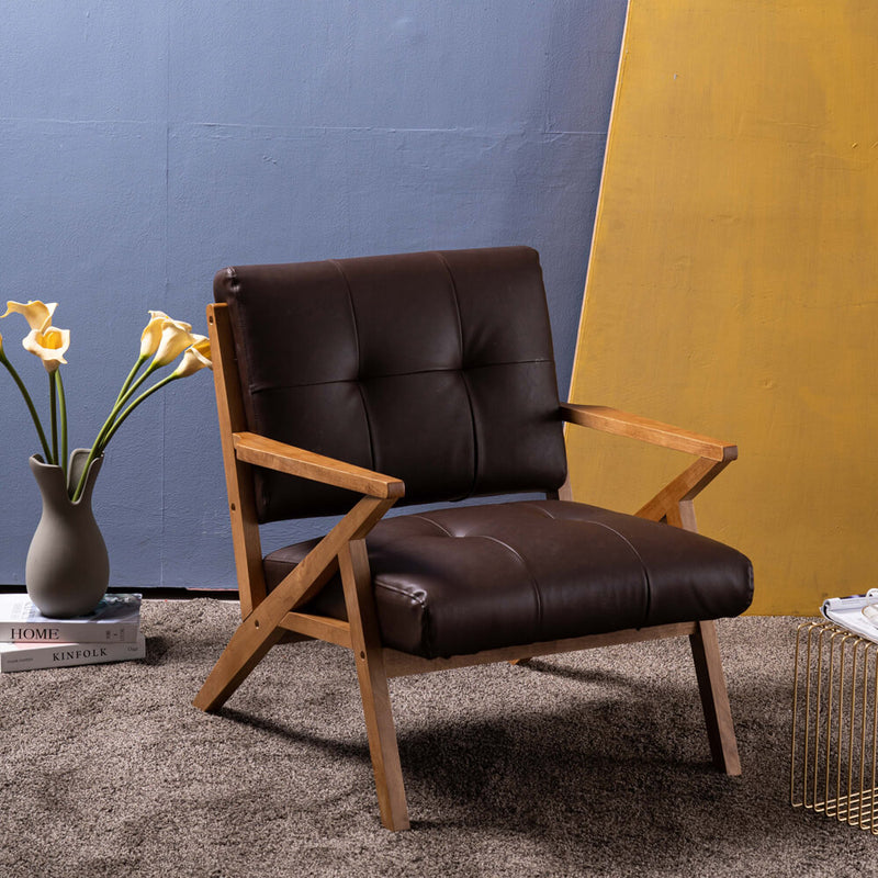 Mid-Century Modern Accent Armchair Solid Hardwood Upholstered Linen Lounge Chair, Suede Brown