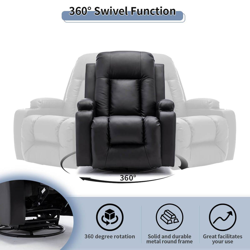 Massage Recliner Chair PU Leather Ergonomic Lounge Heated Chair 360 Degree Swivel Home Theater Recliner (Black)