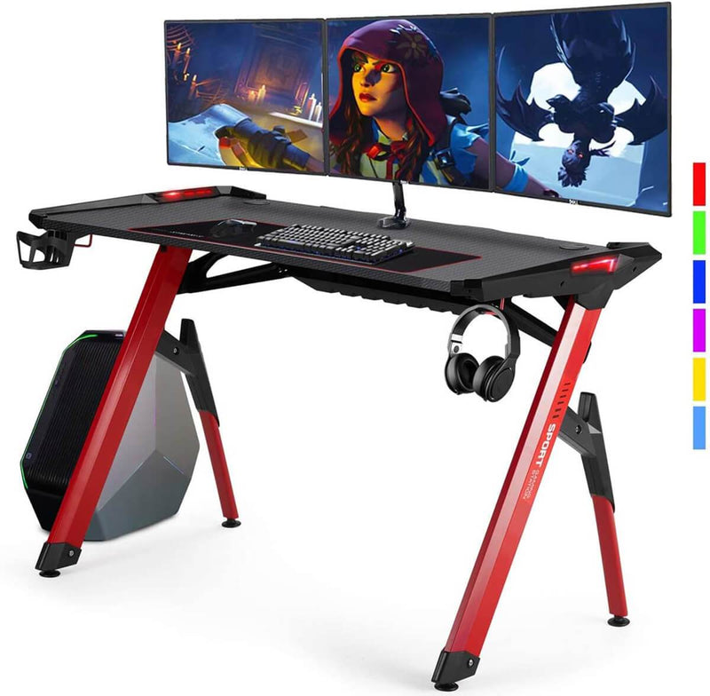 47" Ergonomic Gaming Desk Home Office Desk RGB LED Light PC Computer Table with Cup Holder & Headphone Hook, Racing Gaming Table, Red