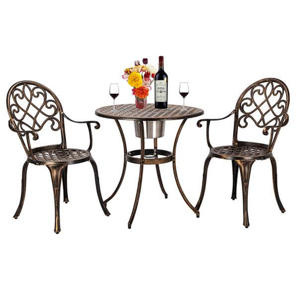 3 Pcs Outdoor Bistro Set, Dining Table Set of Table and Chairs with Ice Bucket, Cast Aluminum Outdoor Patio Furniture, Bronze