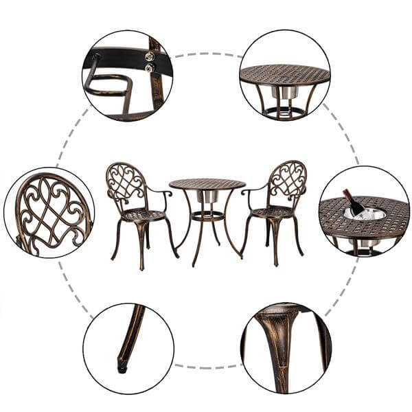 3 Pcs Outdoor Bistro Set, Dining Table Set of Table and Chairs with Ice Bucket, Cast Aluminum Outdoor Patio Furniture, Bronze