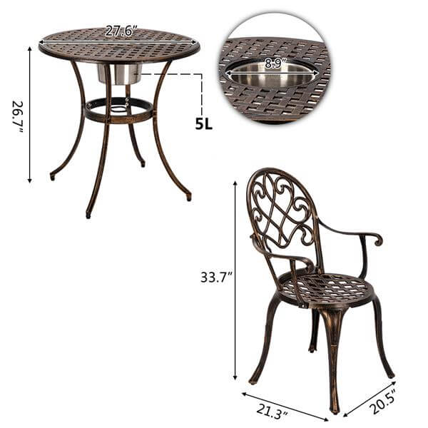 3 Pcs Outdoor Bistro Set, Dining Table Set of Table and Chairs with Ice Bucket, Cast Aluminum Outdoor Patio Furniture, Bronze