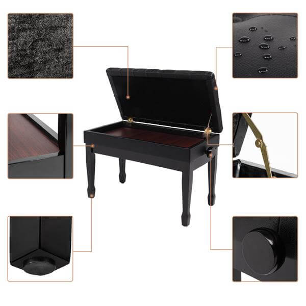 29'' Genuine Leather Adjustable Piano Bench with Storage, Duet Size Artist Concert Piano Bench Stool, Black