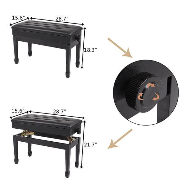 29'' Genuine Leather Piano Bench with Storage, Adjustable Duet Size Artist Concert Piano Bench Stool, Black