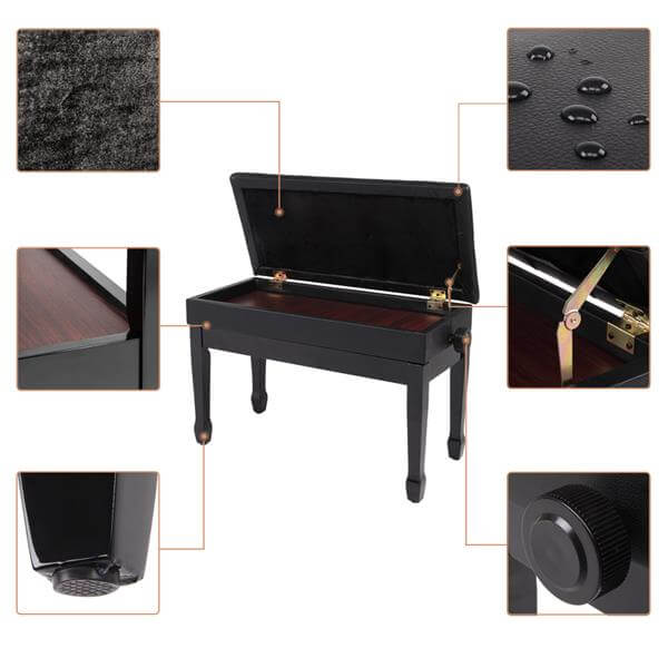 29'' Genuine Leather Piano Bench with Storage, Adjustable Duet Size Artist Concert Piano Bench Stool, Black