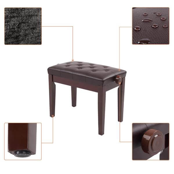 22'' Genuine Leather Adjustable Piano Bench, Artist Concert Piano Bench Stool, Brown