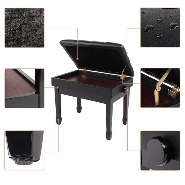 23'' Genuine Leather Piano Bench, Adjustable Artist Concert Piano Bench Stool with Storage, Black