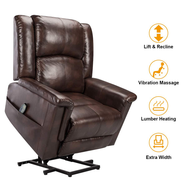 Power Lift Chair Electric Recliner for Elderly with Heat and Massage, 3 Positions, 2 Side Pockets, Faux Leather Recliners, Luxury Brown