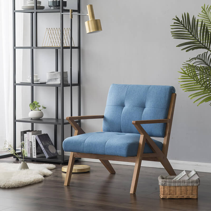Mid-Century Modern Accent Armchair Solid Hardwood Upholstered Linen Lounge Chair, Light Blue