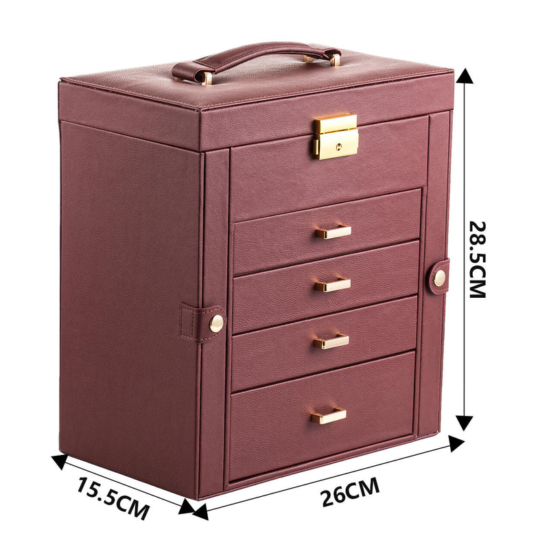 Synthetic Leather Huge Jewelry Box Mirrored Watch Organizer Storage Lockable Gift Case Brown