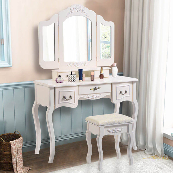 5 Drawer Tri-fold Mirror Dresser with Dressing Stool White