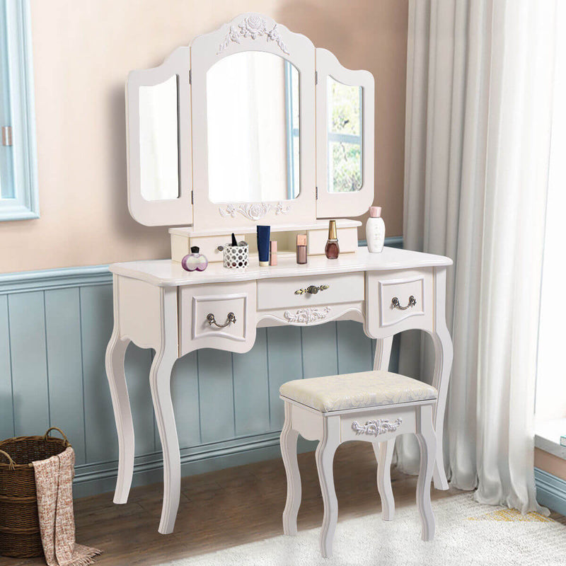 5 Drawer Tri-fold Mirror Dresser with Dressing Stool White