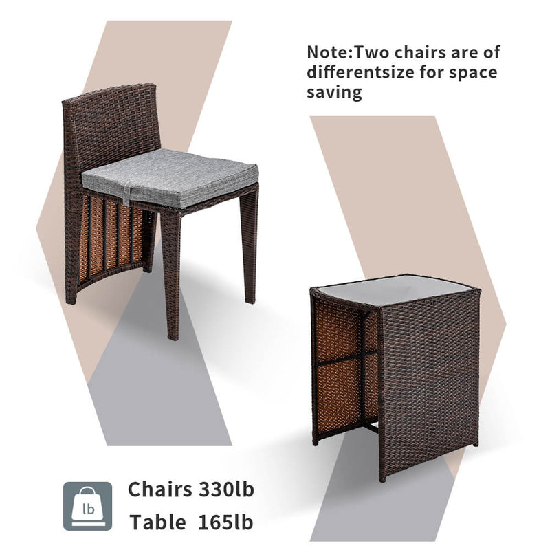 3 Pieces Rattan Wicker Bistro Set with Glass Top Table 2 Chairs Space Saving Design Brown