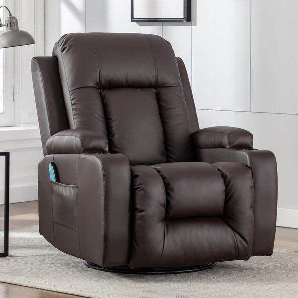 Massage Recliner Chair PU Leather Ergonomic Lounge Heated Chair 360 Degree Swivel Home Theater Recliner (Brown)