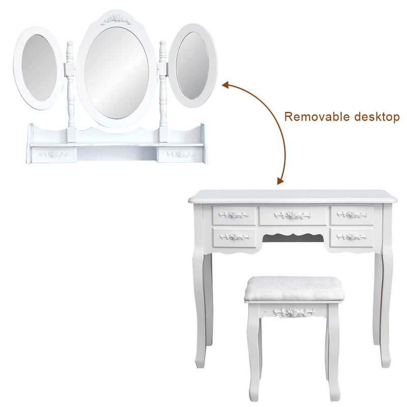 3 Mirrors with 7 Drawers Dressing Table White