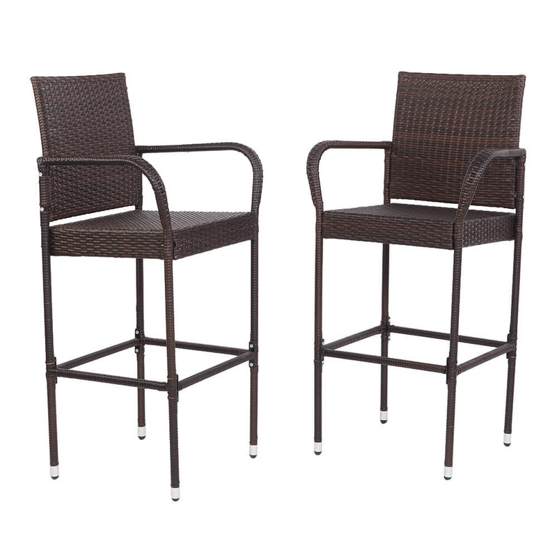 2 Pieces Rattan Bar Chair Patio Stool With Cushion Brown