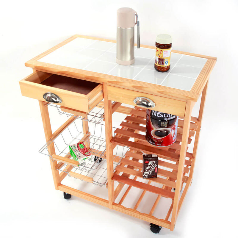 Kitchen & Dining Room Cart 2-Drawer Removable Storage Rack with Rolling Wheels Wood Color