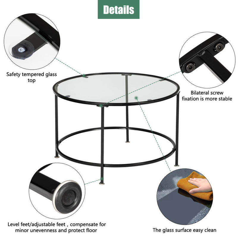 Round Wrought Iron Coffee Table 2 Layers Tempered Glass Countertops Black 27 Inches