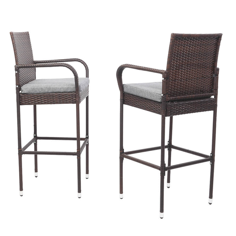 2 Pieces Rattan Bar Chair Patio Stool With Cushion Brown