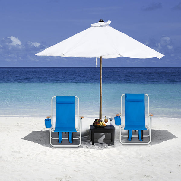 Backpack Folding Beach Chair, Camping Pool Chairs with Armrest & Padded Headrest Cup Holder Blue