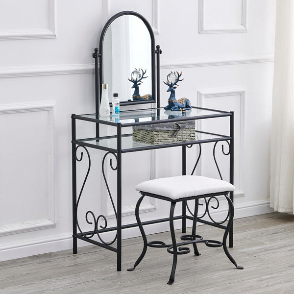 Simple Iron Dresser with Square Dressing Stool Black