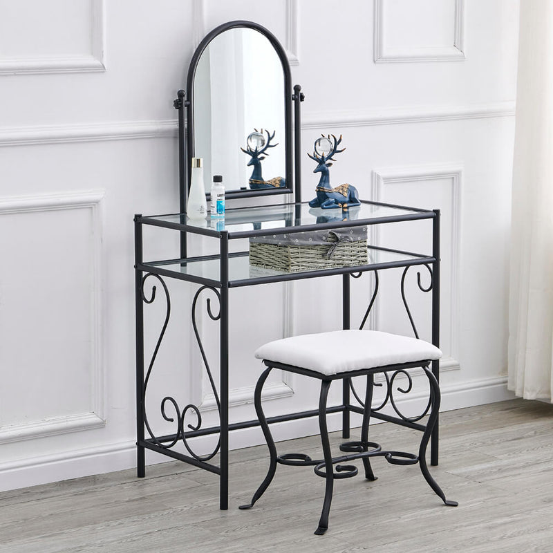 Simple Iron Dresser with Square Dressing Stool Black