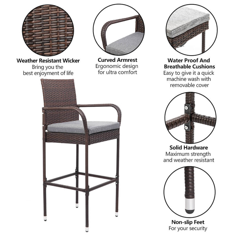 2 Pieces Rattan Bar Chair Patio Stool With Cushion Brown