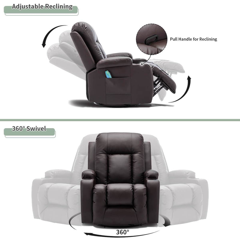 Massage Recliner Chair PU Leather Ergonomic Lounge Heated Chair 360 Degree Swivel Home Theater Recliner (Brown)