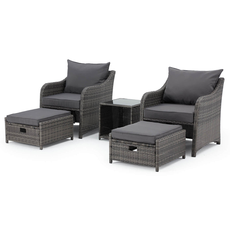 5 Pcs Patio Wicker Recliner Lounge Chair Set with 2 Ottomans, Grey Cushion & Coffee Table