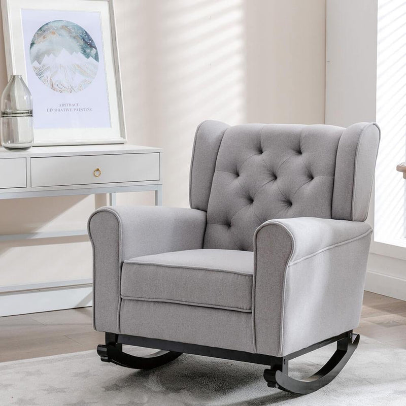 Mid Century Modern Rocking Chair, Tufted Upholstered Glider with High Back, Gray