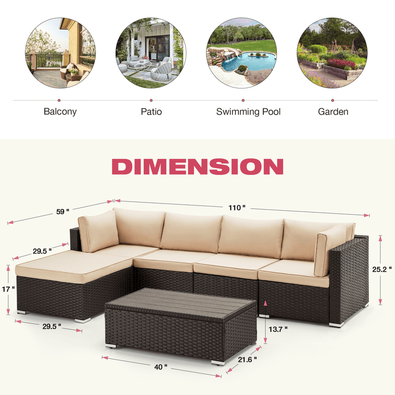 6 Pcs Outdoor Rattan Sectional Sofa All Weather Patio Furniture Set w/ Beige Cushion & Coffee Table