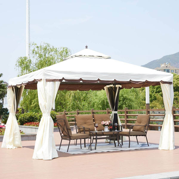 10’ x 12’ Gazebo Canopy Double Roof Patio Gazebo Steel Frame with Netting and Shade Curtains, Cream