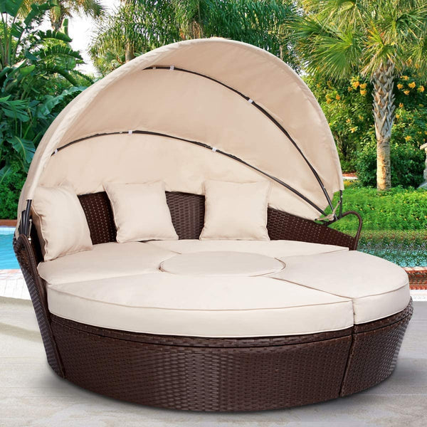 Outdoor Round Daybed with Retractable Canopy, Patio Round Chaise Lounge with Coffee Table & Cushions, Sectional Seating Sofa