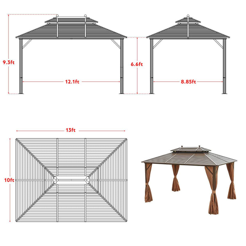 10‘ x 13’ Hardtop Gazebo Galvanized Steel, Double-Roof Gazebos Pergolas Aluminum Frame with Netting & Curtains