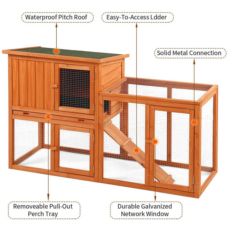 Rabbit Hutch Wooden Outdoor Open Roof Removable Tray & Ramp (54.3 inches)