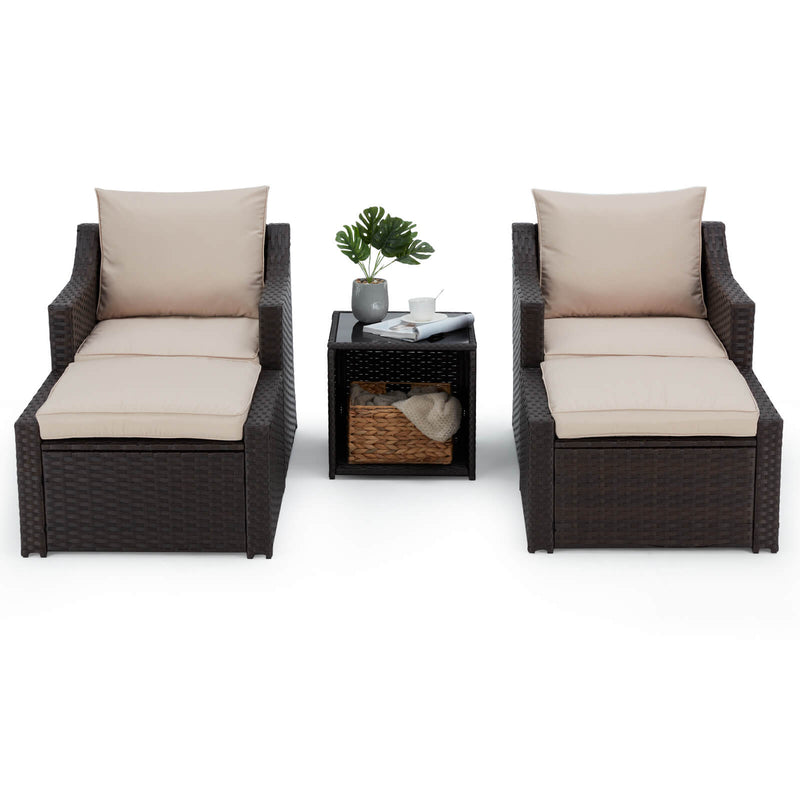 5 Piece Outdoor Patio Furniture Conversation Set with Ottoman, Khaki